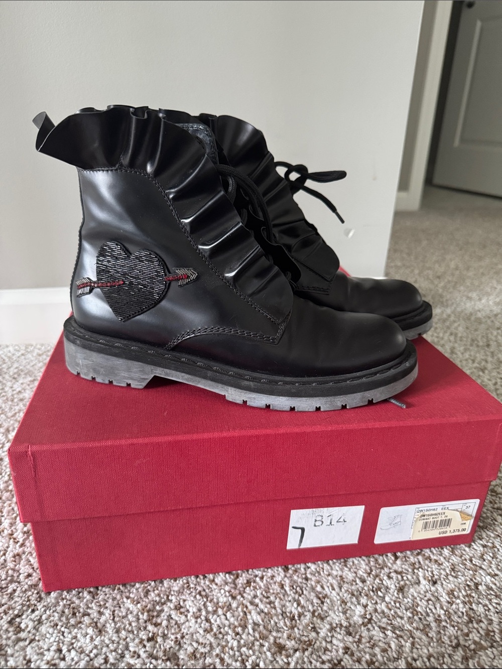 Valentino Garavani Black Leather Ruffle Lace-Up Ankle Boots with Heart Patch